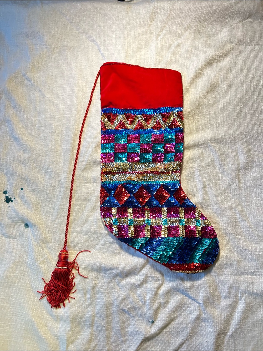 Festive Multicolor Sequin Christmas Stocking with Red Cuff